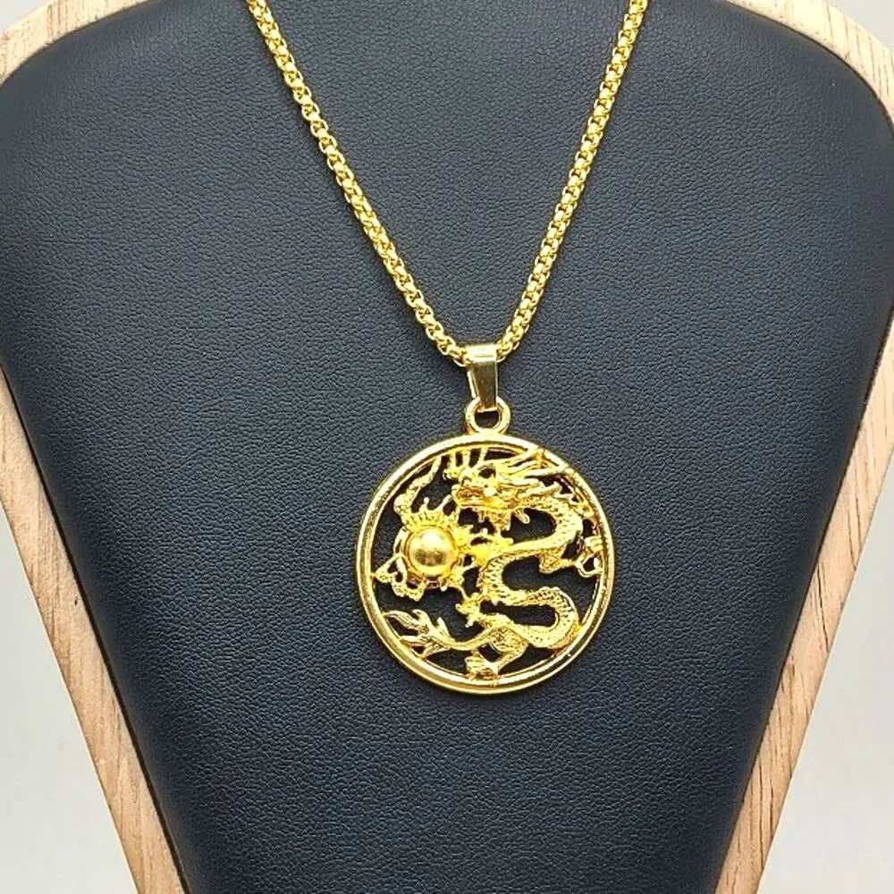 Gold Stainless Chinese Dragon Necklace Asian Zodiac Astrology Fashion Gift NEW!